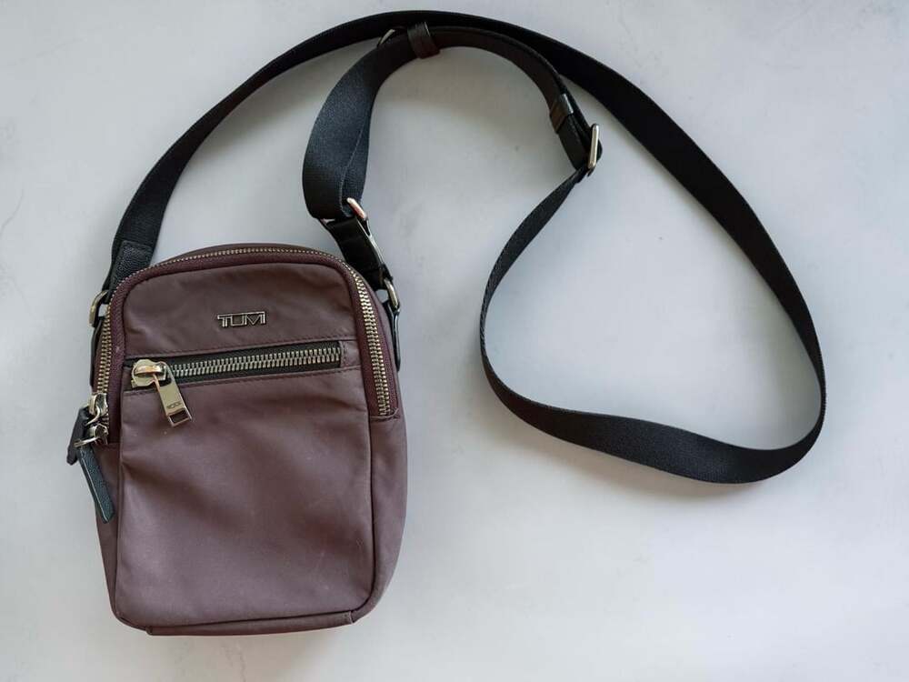 TUMI Voyageur Persia Crossbody Bag Deep Plum Purple Nylon Vertical Travel Bag